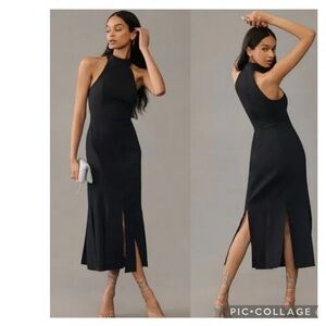 BY ANTHROPOLOGIE HALTER SLIT MIDI DRESS BLACK